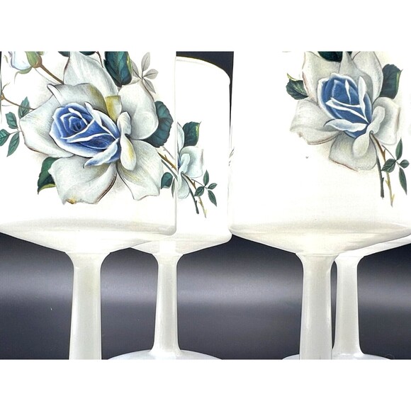 Norleans Frosted Wine Glass White Satin Art Italy Blue Flowers 24K Gold Trim Set - Picture 12 of 13